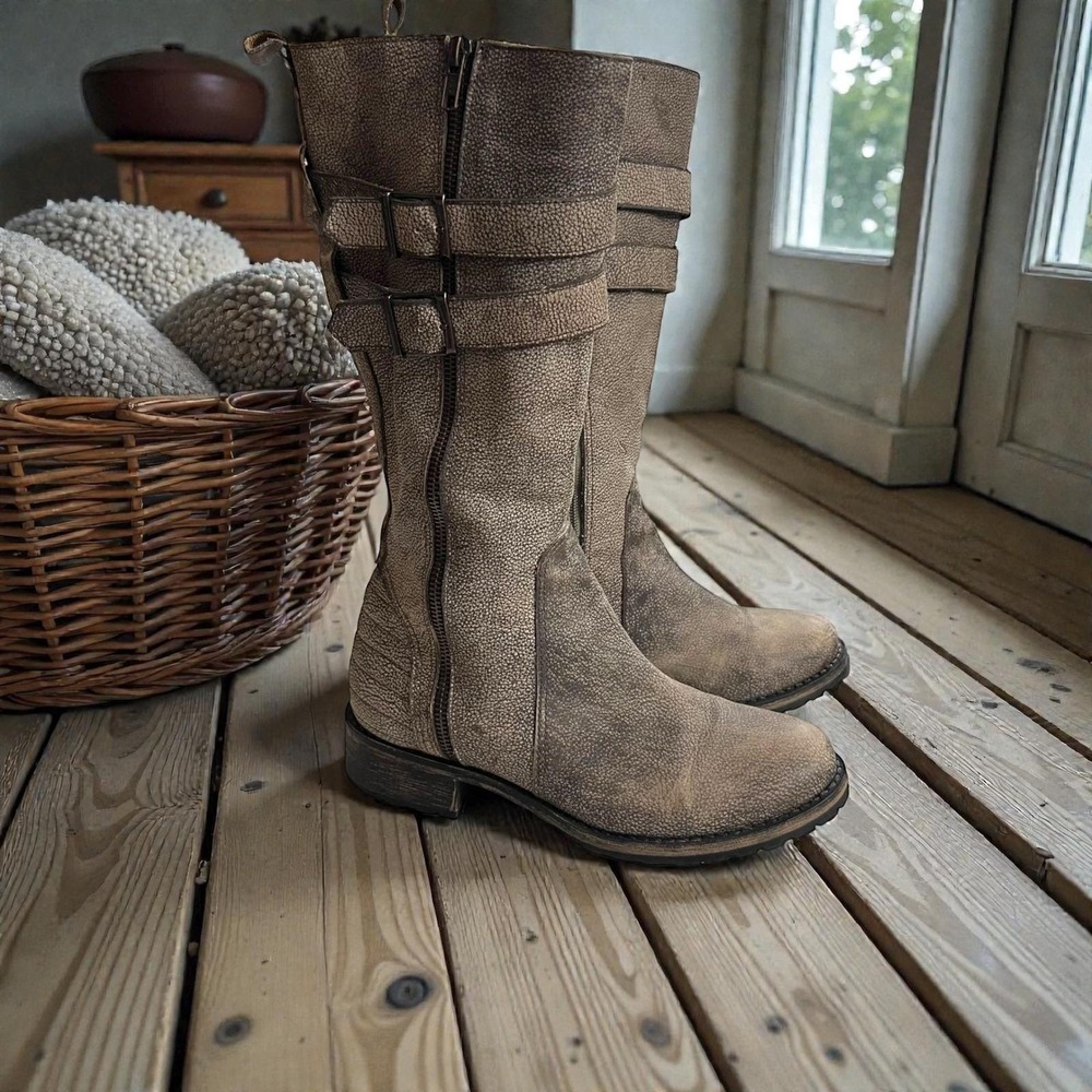 Matisse Roady Distressed Leather Moto Knee High Boots Buckle Zip 7.5